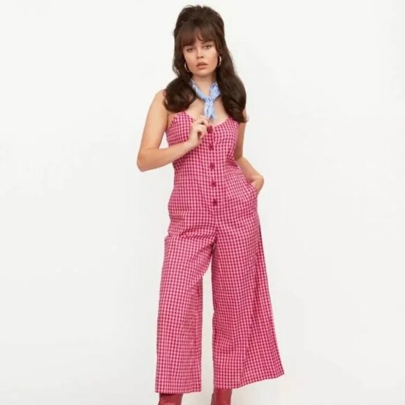 NWT Lazy Oaf Red Gingham Checkin You Out Wide Leg Jumpsuit - Picture 2 of 9